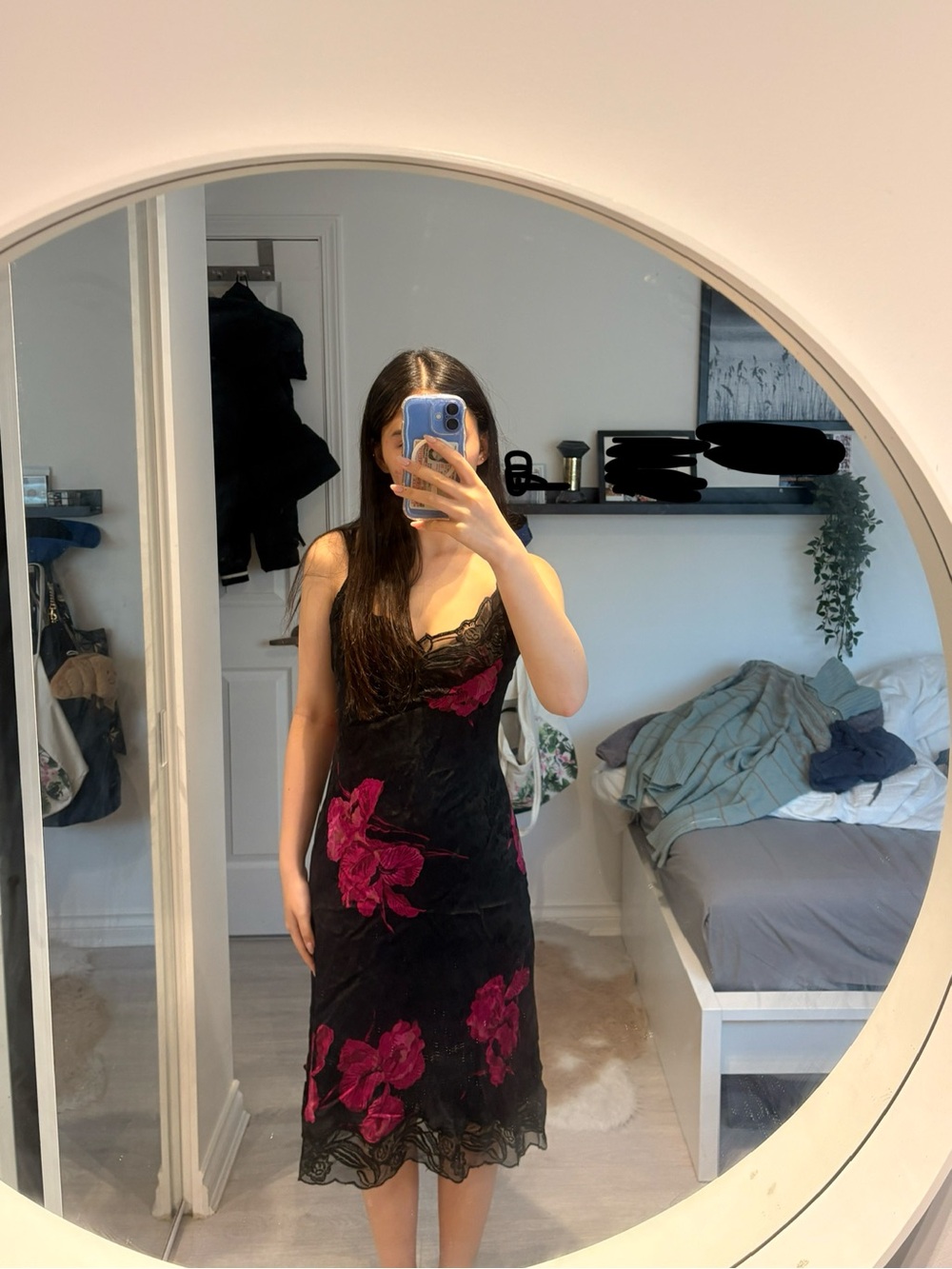 Betsey Johnson Black Slip Dress with Fuchsia Floral Accents